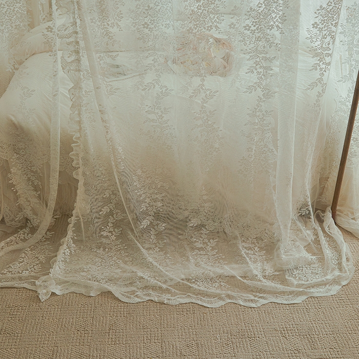 91家纺网 家纺一手货源 找家纺 2025新款浪漫落地蕾丝花边蚊帐905提花系带系列 905玫瑰庄园-奶油白