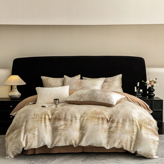 91家纺网 家纺一手货源 找家纺 立奥被业 2025新款60S数码印花四件套四件套 墨屿-咖