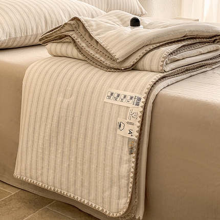 一加一 2025新款A类母婴级全棉双层纱牛奶蛋白夏被四件套 卡其条