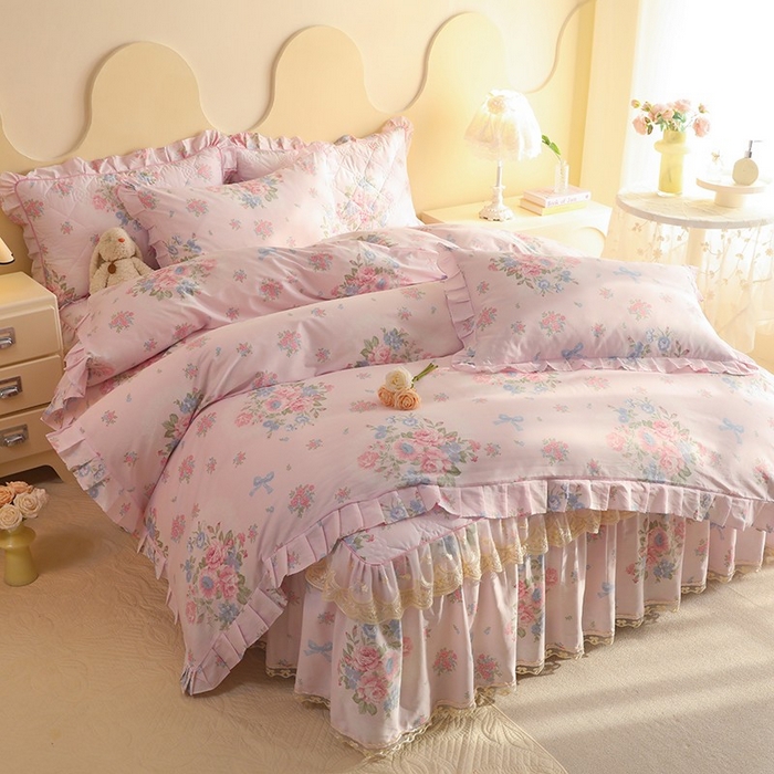 91家纺网 家纺一手货源 找家纺 美达家纺 2025新款全棉印花床裙四件套 夏花依旧