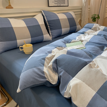 盛秋家纺 2025新款水洗棉格子系列四件套 蓝大格+宾利蓝