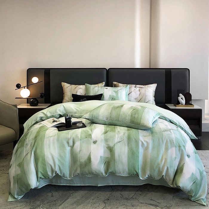 91家纺网 家纺一手货源 找家纺 立奥被业 2025年新款100%兰精天丝四件套天丝数码印花四件套 雨荷绿