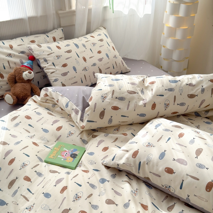 91家纺网 家纺一手货源 找家纺 清雅福 2025全棉13372小清新四件套和单被套早春系列第二批--单被套 鱼多多