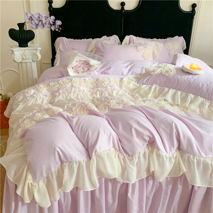 91家纺网 家纺一手货源 找家纺 （总）富盛家纺 2025新款水洗亲肤棉盘花刺绣床裙款四件套公主风四件套甜蜜蜜系列