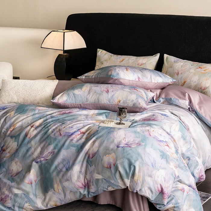 91家纺网 家纺一手货源 找家纺 立奥被业 2025新款60S数码印花四件套四件套 百合紫