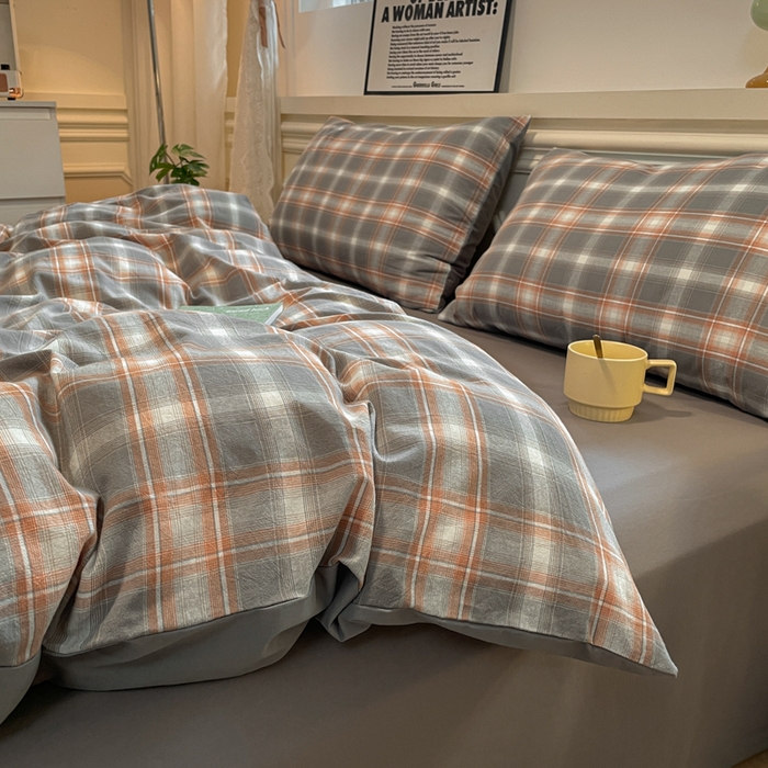 91家纺网 家纺一手货源 找家纺 盛秋家纺 2025新款水洗棉格子系列四件套 洛卡+中灰