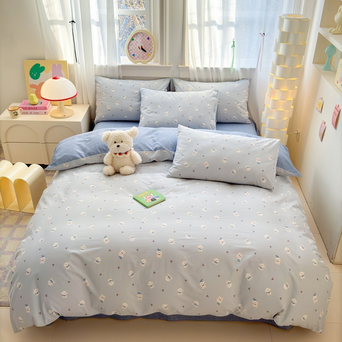 91家纺网 家纺一手货源 找家纺 清雅福 2025全棉13372小清新四件套和单被套早春系列第二批--四件套 小狗宝莉·蓝