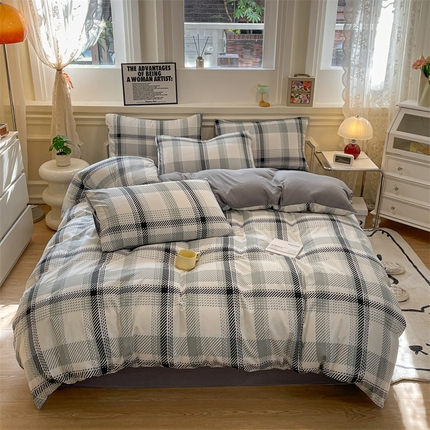 盛秋家纺 2025新款水洗棉格子系列四件套格瑞斯+中灰