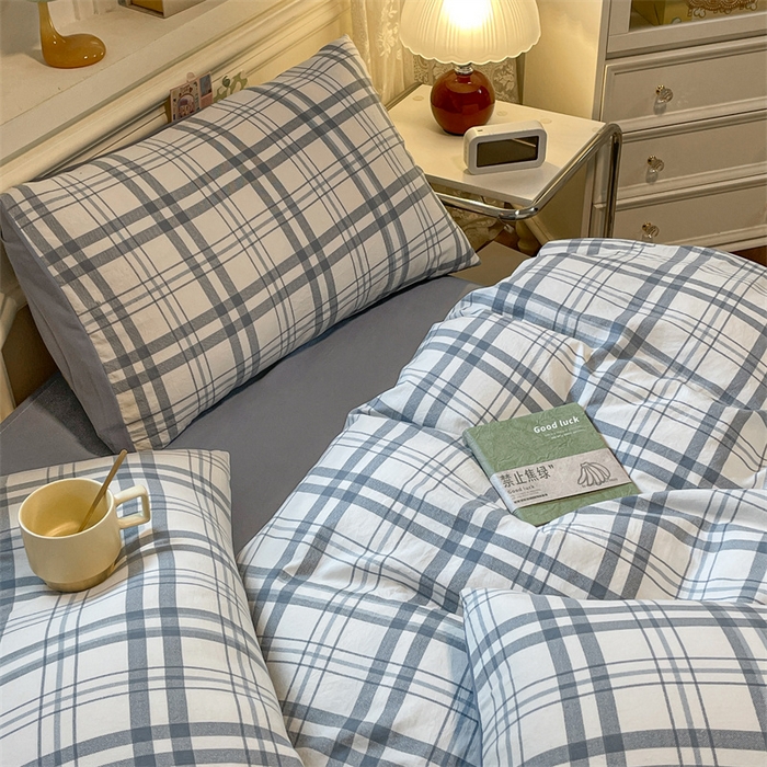 91家纺网 家纺一手货源 找家纺 盛秋家纺 2025新款水洗棉格子系列四件套 简约+海清