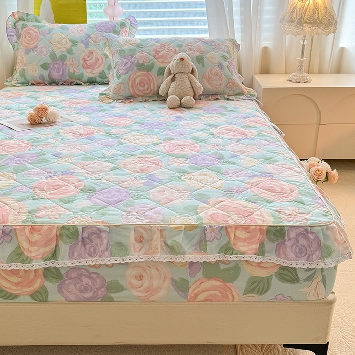 91家纺网 家纺一手货源 找家纺 美达家纺 2025新款全棉印花夹棉床笠 花幽兰-绿