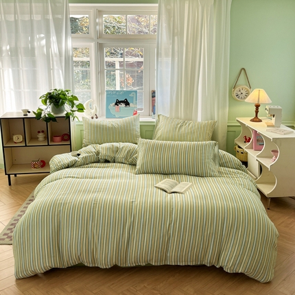 眠博士2025新款全棉双层纱 四件套 双层纱-黄绿条