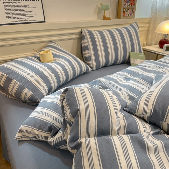 91家纺网 家纺一手货源 找家纺 盛秋家纺 2025新款水洗棉格子系列四件套蓝灰中条+海清