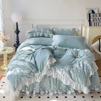 睡美人  2025新款韩版全锦棉糯糯棉蕾丝款公主风双层花边四件套 花舞-青春兰