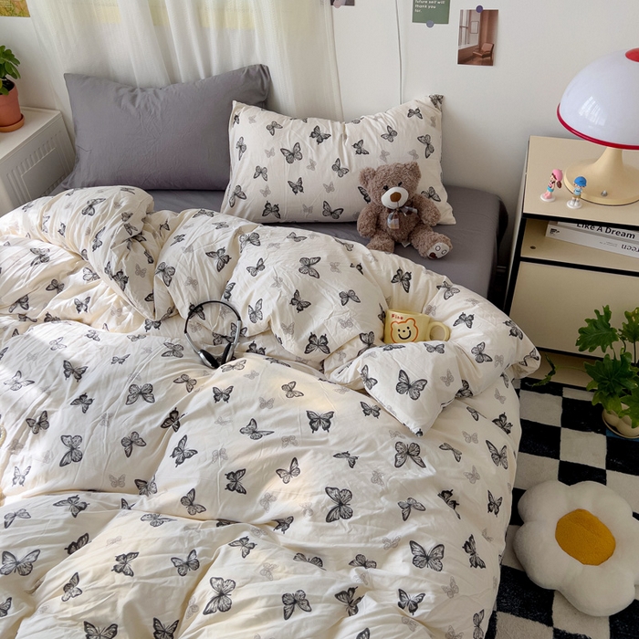 91家纺网 家纺一手货源 找家纺 仟人梦 2025新款水洗棉印花四件套 蝴蝶印记