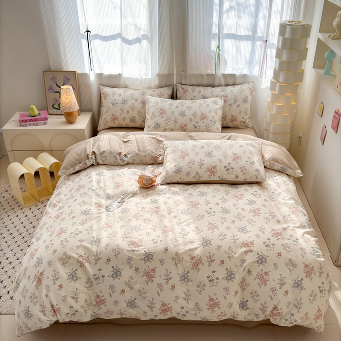 91家纺网 家纺一手货源 找家纺 清雅福 2025全棉13372小清新四件套和单被套早春系列第二批--四件套 夜伴花香·米