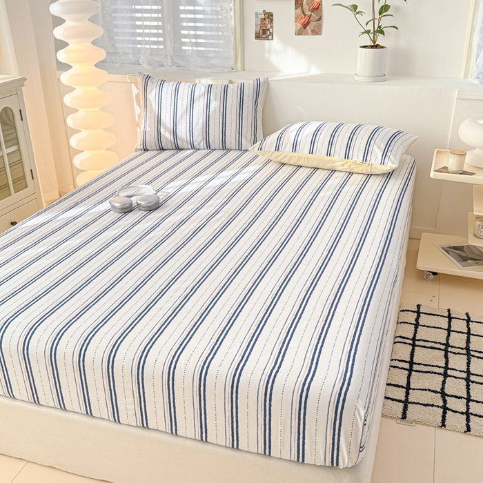 91家纺网 家纺一手货源 找家纺 眠博士2025新款全棉老粗布床笠 老粗布床笠-条纹蓝