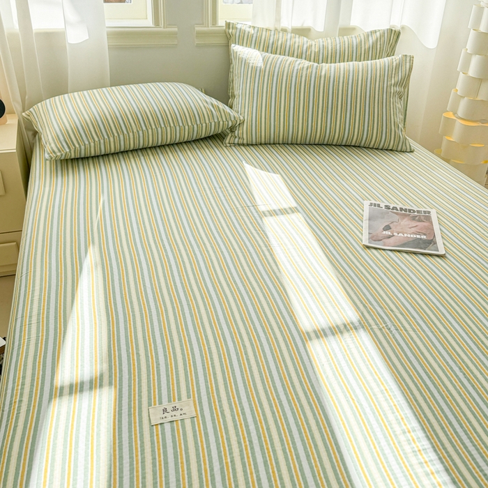 91家纺网 家纺一手货源 找家纺 眠博士2025新款 全棉双层纱 单床笠 双层纱床笠-黄绿条