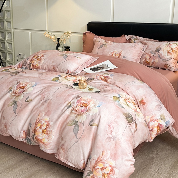 91家纺网 家纺一手货源 找家纺 帛美家纺 2025新款40S莱赛尔天丝棉数码印花四件套 荷露韵