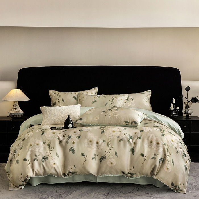 91家纺网 家纺一手货源 找家纺 立奥被业 2025年新款100%兰精天丝四件套天丝数码印花四件套 木兰花-绿