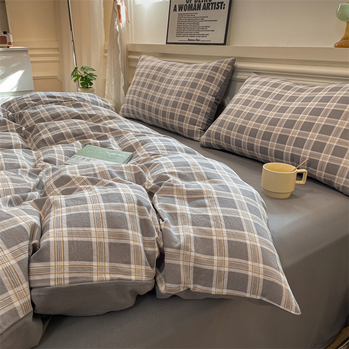 91家纺网 家纺一手货源 找家纺 盛秋家纺 2025新款水洗棉格子系列四件套 保罗+中灰