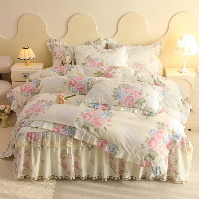 91家纺网 家纺一手货源 找家纺 美达家纺 2025新款全棉印花床裙四件套 法尔曼玫瑰