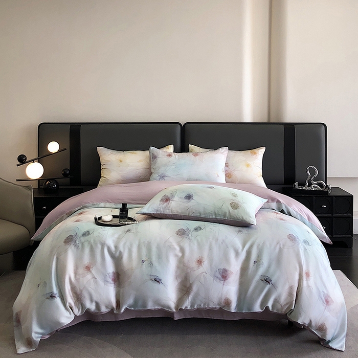 91家纺网 家纺一手货源 找家纺 立奥被业 2025年新款100%兰精天丝四件套天丝数码印花四件套 水仙紫