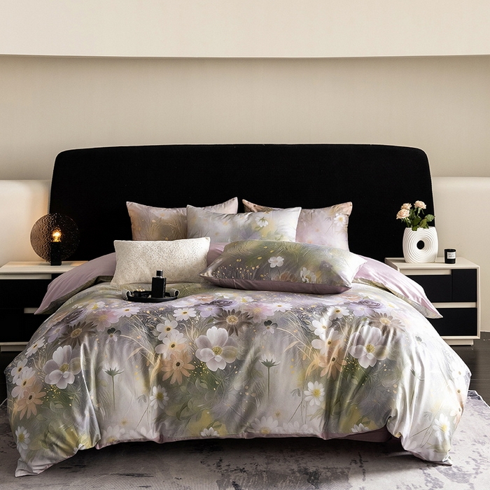 91家纺网 家纺一手货源 找家纺 立奥被业 2025新款60S数码印花四件套四件套 繁花紫