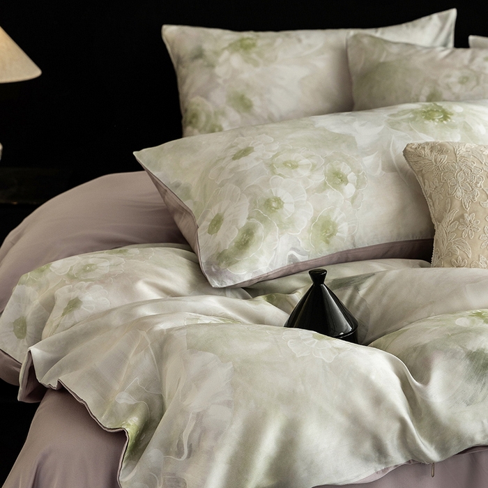 91家纺网 家纺一手货源 找家纺 立奥被业 2025年新款100%兰精天丝四件套天丝数码印花四件套 天仙子-灰