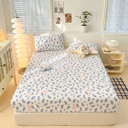 眠博士2025新款全棉老粗布床笠 老粗布床笠-绿叶兔