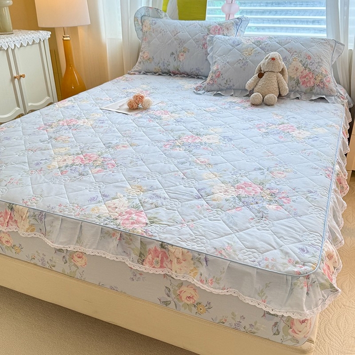 91家纺网 家纺一手货源 找家纺 美达家纺 2025新款全棉印花夹棉床笠 栀夏海棠-蓝