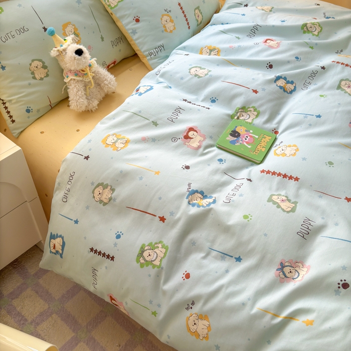 91家纺网 家纺一手货源 找家纺 清雅福 2025全棉13372小清新四件套和单被套早春系列第二批--四件套 旺柴犬·蓝