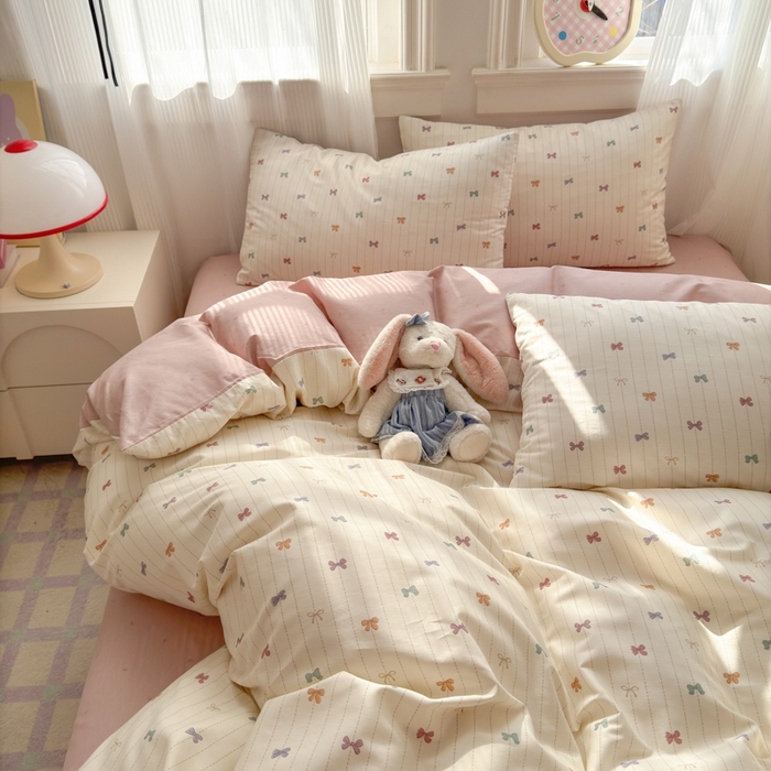 91家纺网 家纺一手货源 找家纺 清雅福 2025全棉13372小清新四件套和单被套早春系列第二批--四件套 糖果蝴蝶结