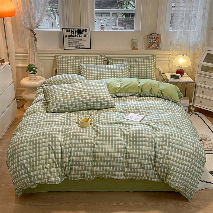 91家纺网 家纺一手货源 找家纺 盛秋家纺 2025新款水洗棉格子系列四件套 抹茶+果绿