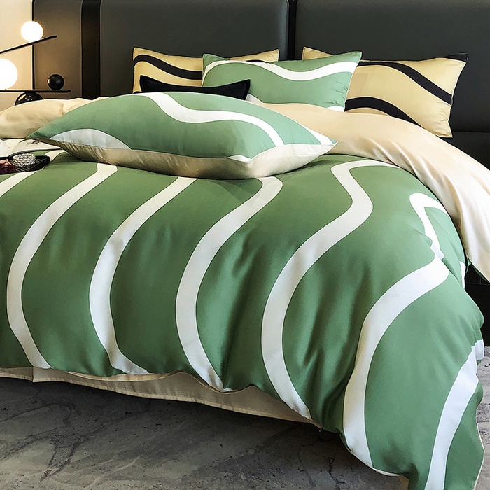 91家纺网 家纺一手货源 找家纺 立奥被业 2025年新款100%兰精天丝四件套天丝数码印花四件套 条纹绿