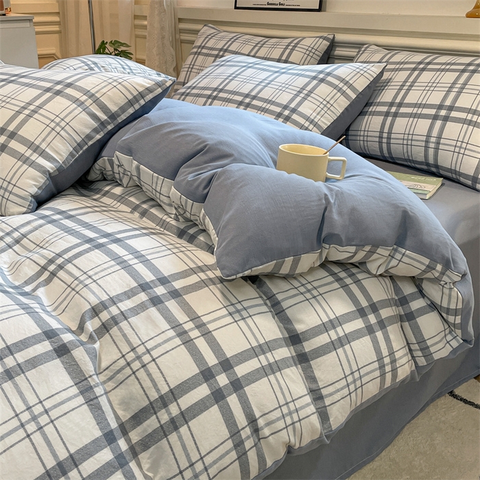 91家纺网 家纺一手货源 找家纺 盛秋家纺 2025新款水洗棉格子系列四件套蓝调+海清