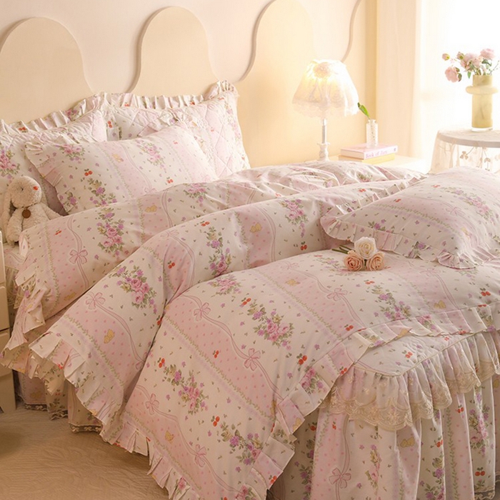 91家纺网 家纺一手货源 找家纺 美达家纺 2025新款全棉印花床裙四件套 少女心结