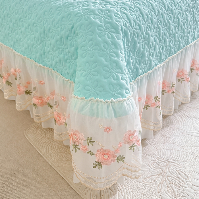 91家纺网 家纺一手货源 找家纺 大麦家纺 2025新款亲肤花边款床盖四件套  甜心小姐-梵星蓝