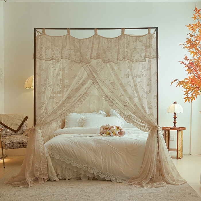 91家纺网 家纺一手货源 找家纺 都市缘蚊帐 2025新款A902穿杆落地宫廷蚊帐烤漆支架款 902可可庄园-奶油杏
