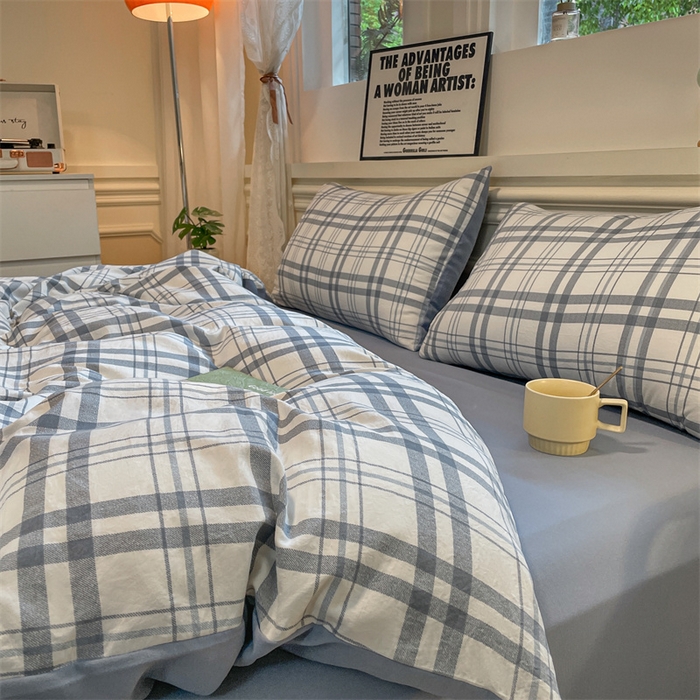 91家纺网 家纺一手货源 找家纺 盛秋家纺 2025新款水洗棉格子系列四件套蓝调+海清