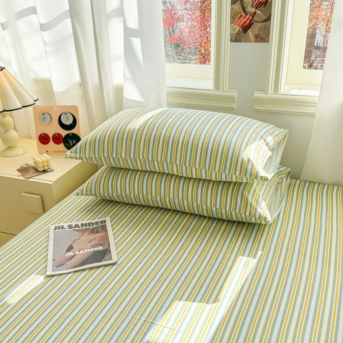 91家纺网 家纺一手货源 找家纺 眠博士2025新款全棉双层纱单枕套  双层纱枕套-黄绿条