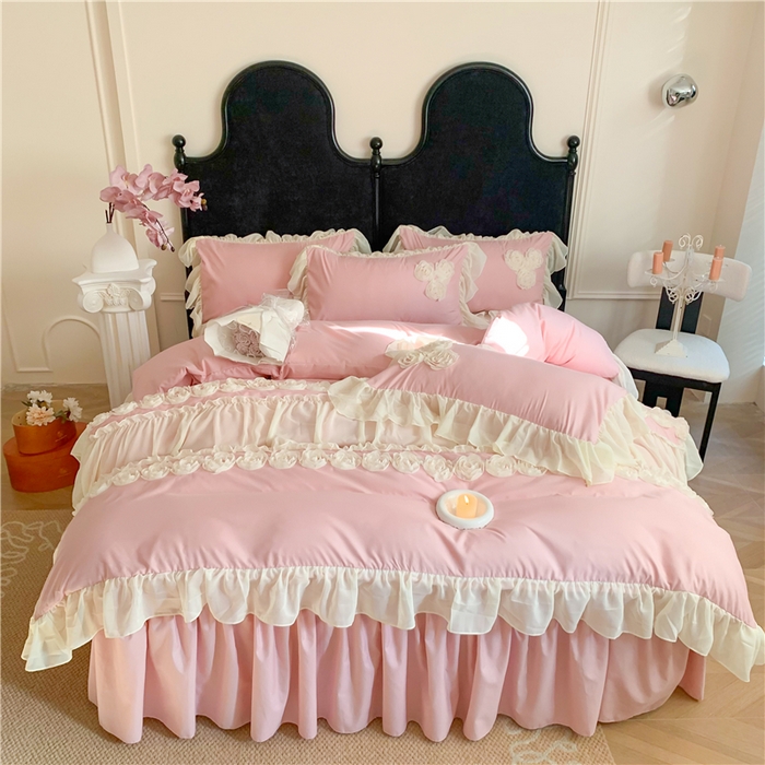 91家纺网 家纺一手货源 找家纺 富盛家纺 2025新款水洗亲肤棉盘花刺绣床裙款四件套公主风四件套甜蜜蜜系列 甜蜜蜜-豆沙