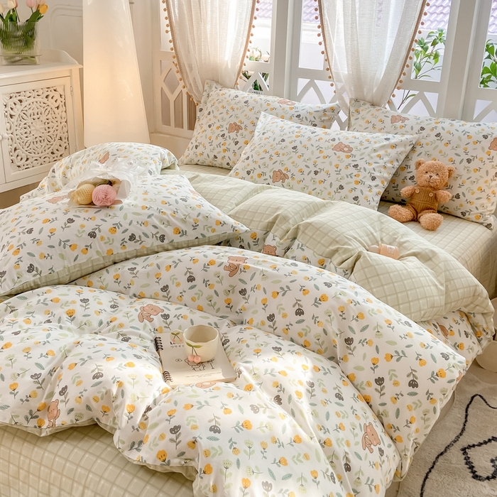 91家纺网 家纺一手货源 找家纺 帅露家纺 2025开春新品全棉喷气13070小清新印花纯棉全棉四件套 朵朵熊