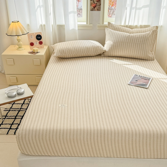 91家纺网 家纺一手货源 找家纺 眠博士2025新款 全棉双层纱 单床笠 双层纱床笠-灰咖条