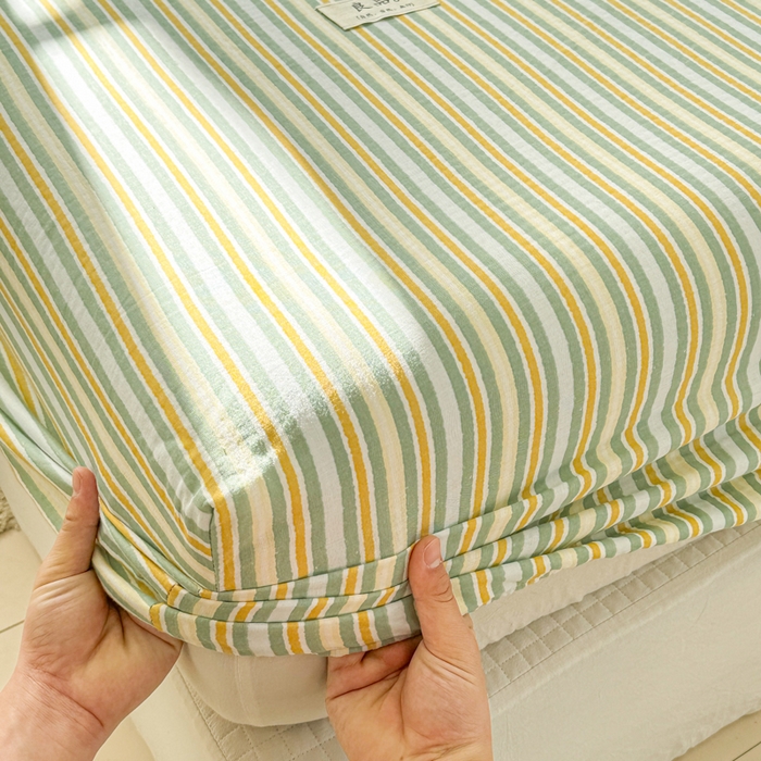 91家纺网 家纺一手货源 找家纺 眠博士2025新款 全棉双层纱 单床笠 双层纱床笠-黄绿条