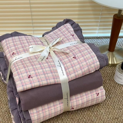 荣轩 2024新款全棉印花双层纱四件套 皱皱纱花边款 樱桃千层