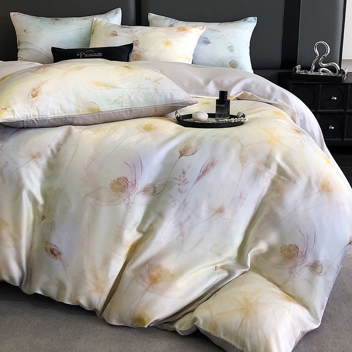 91家纺网 家纺一手货源 找家纺 立奥被业 2025年新款100%兰精天丝四件套天丝数码印花四件套 水仙灰