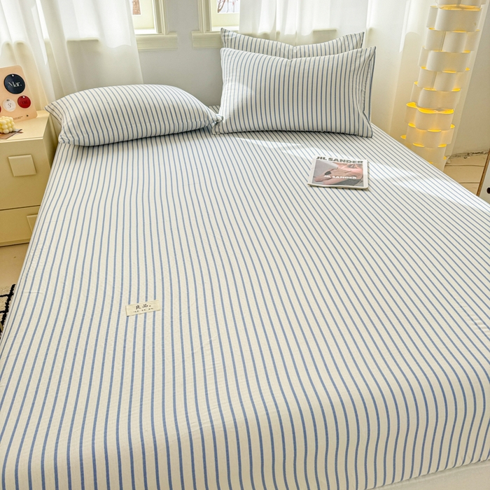 91家纺网 家纺一手货源 找家纺 眠博士2025新款 全棉双层纱 单床笠 双层纱床笠-白蓝条