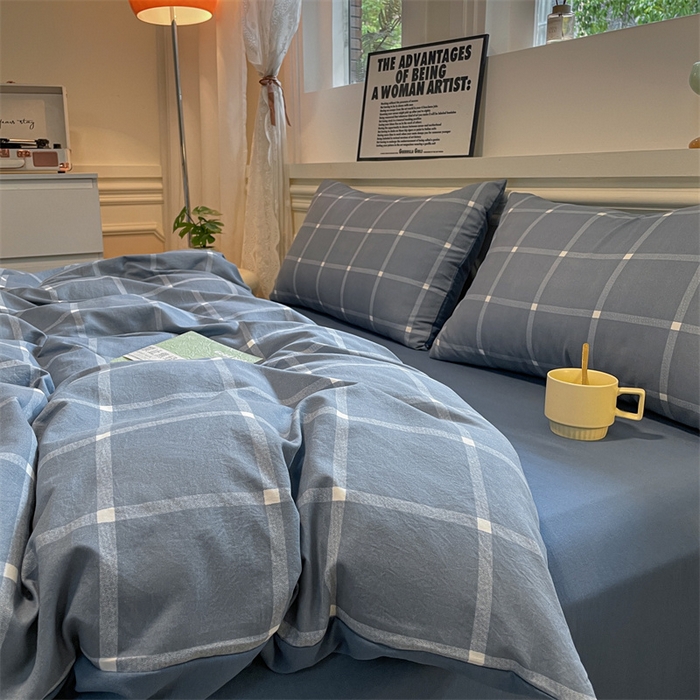 91家纺网 家纺一手货源 找家纺 盛秋家纺 2025新款水洗棉格子系列四件套 灰大格+蓝灰