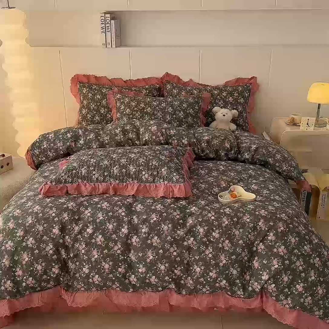 91家纺网 家纺一手货源 找家纺 添越 2024新款纯棉砂洗床盖暗香玫瑰