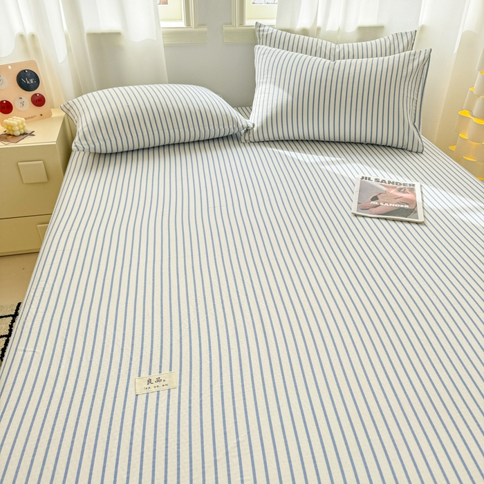 91家纺网 家纺一手货源 找家纺 眠博士2025新款 全棉双层纱 单床笠 双层纱床笠-白蓝条